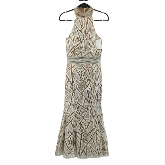 Jarlo Spring Ivory Nude Lace Illusion Flounce Halter Long Dress New With Tag 6 - Picture 3 of 11